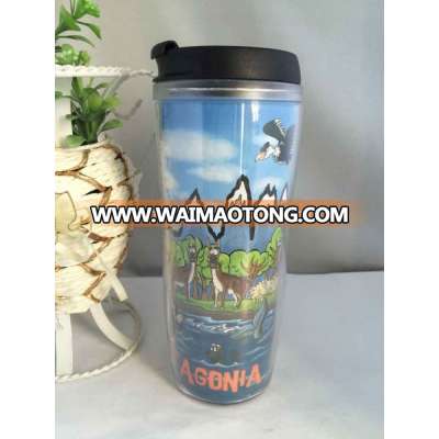 Promotional 350ml double wall screw type With Full Color Paper Insert plastic travel mug