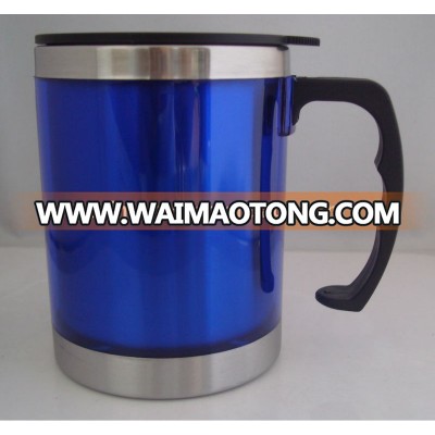 Provide 450ml office plastic double wall drinking cups mugs with handle